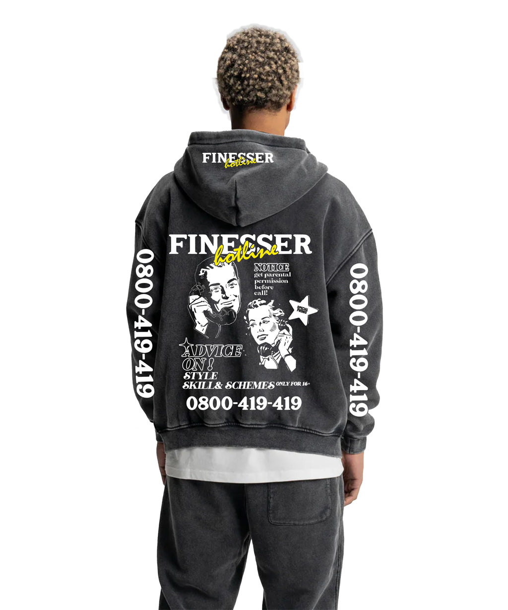 FINESSER HOTLINE “GREY FOG”ACID WASH HOODIE