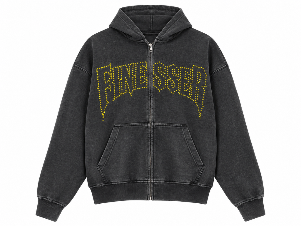 FINESSER AcidWash Rhinestone Zip-Up Hoodie