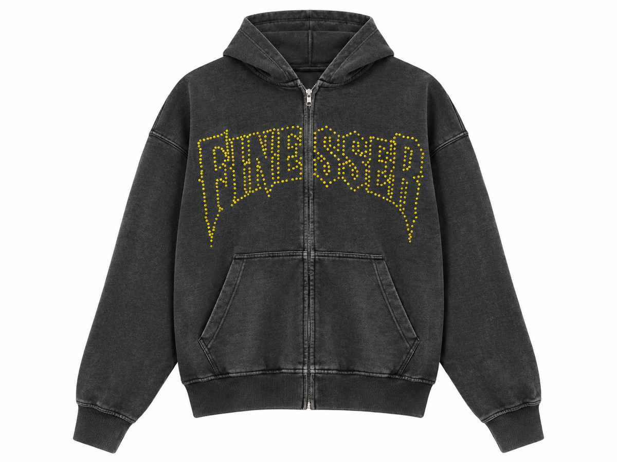 FINESSER AcidWash Rhinestone Zip-Up Hoodie