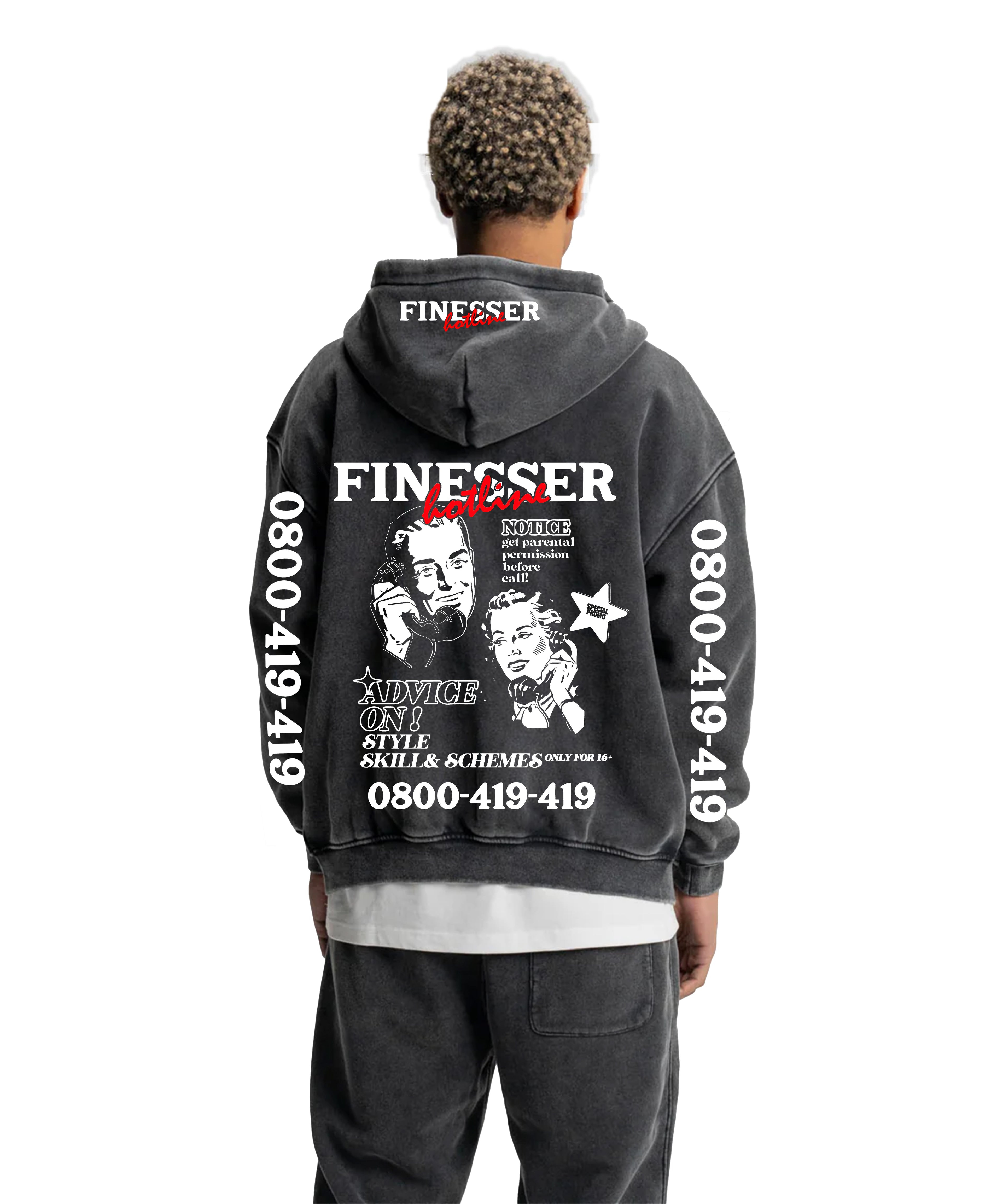 FINESSER HOTLINE “GREY FOG”ACID WASH HOODIE